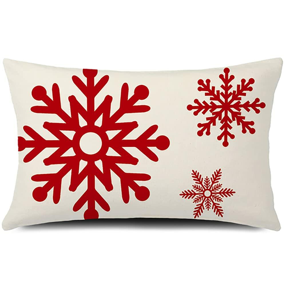 GTEXT Christmas Pillow Cover Red Snowflakes Linen 20x12 Inch Holiday Decor