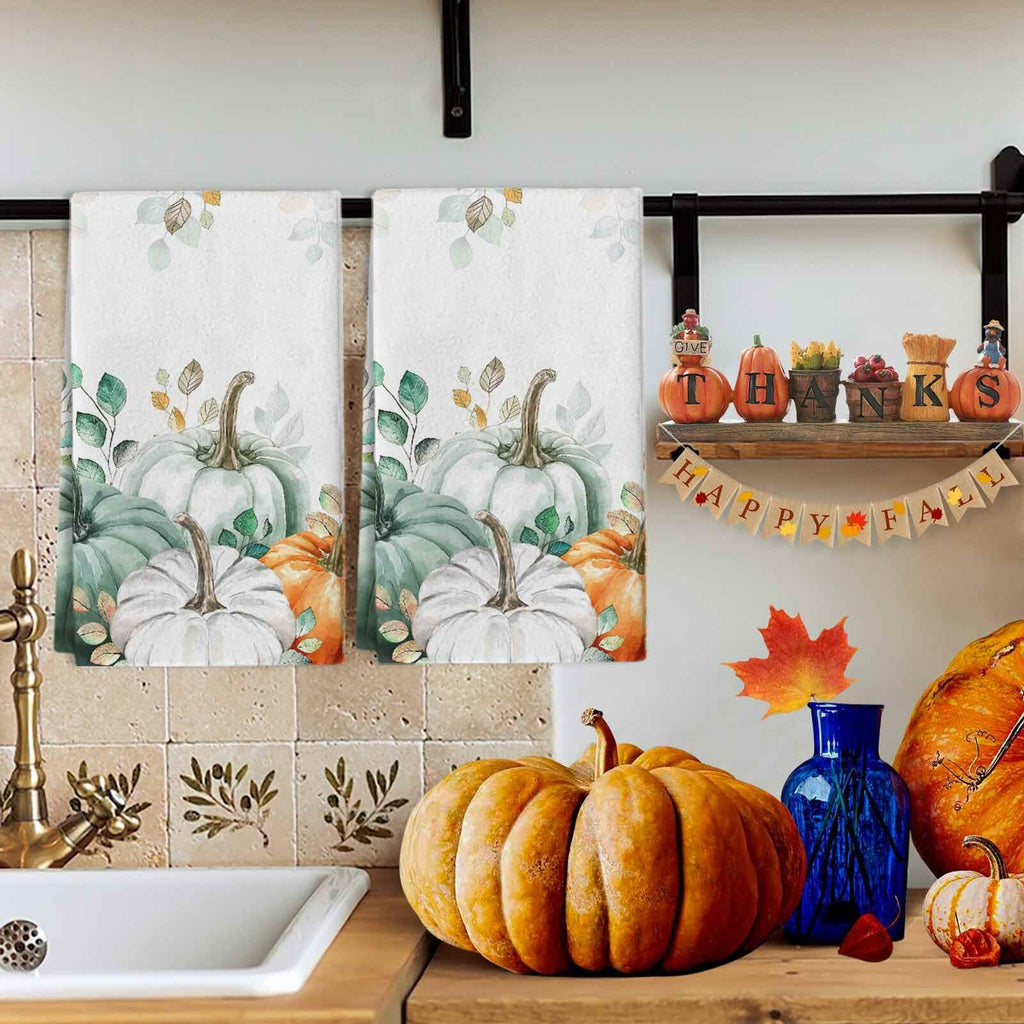 Thanksgiving Green Pumpkin Kitchen Towels Set of 2 18x28 Fall Decor Absorbent