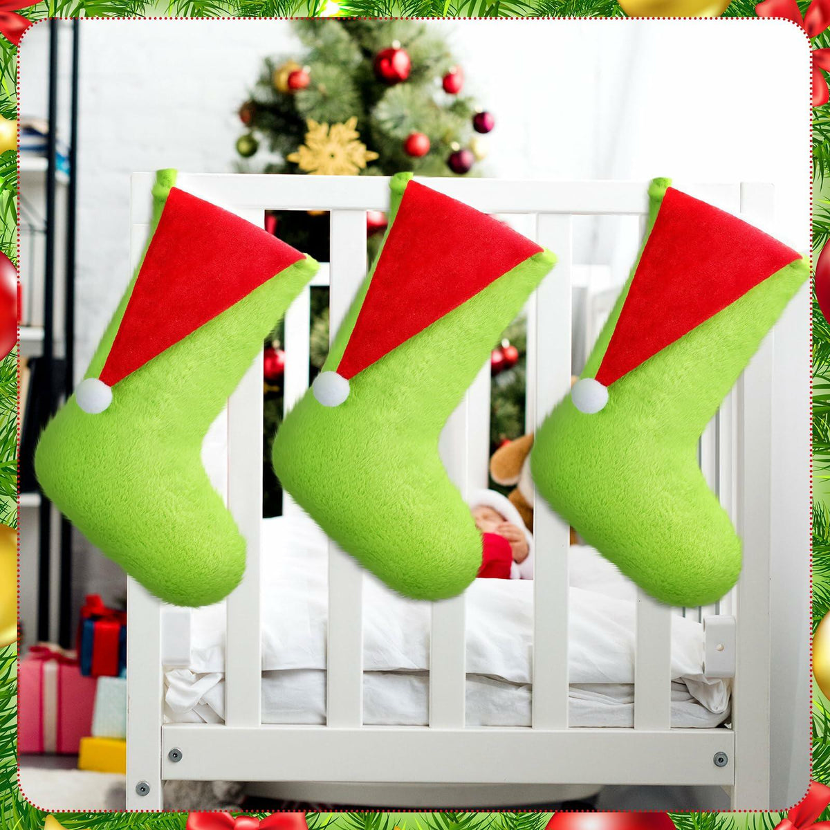 Lunmon 6pcs 18in Red Green Christmas Stockings Faux Fur Holiday Decor