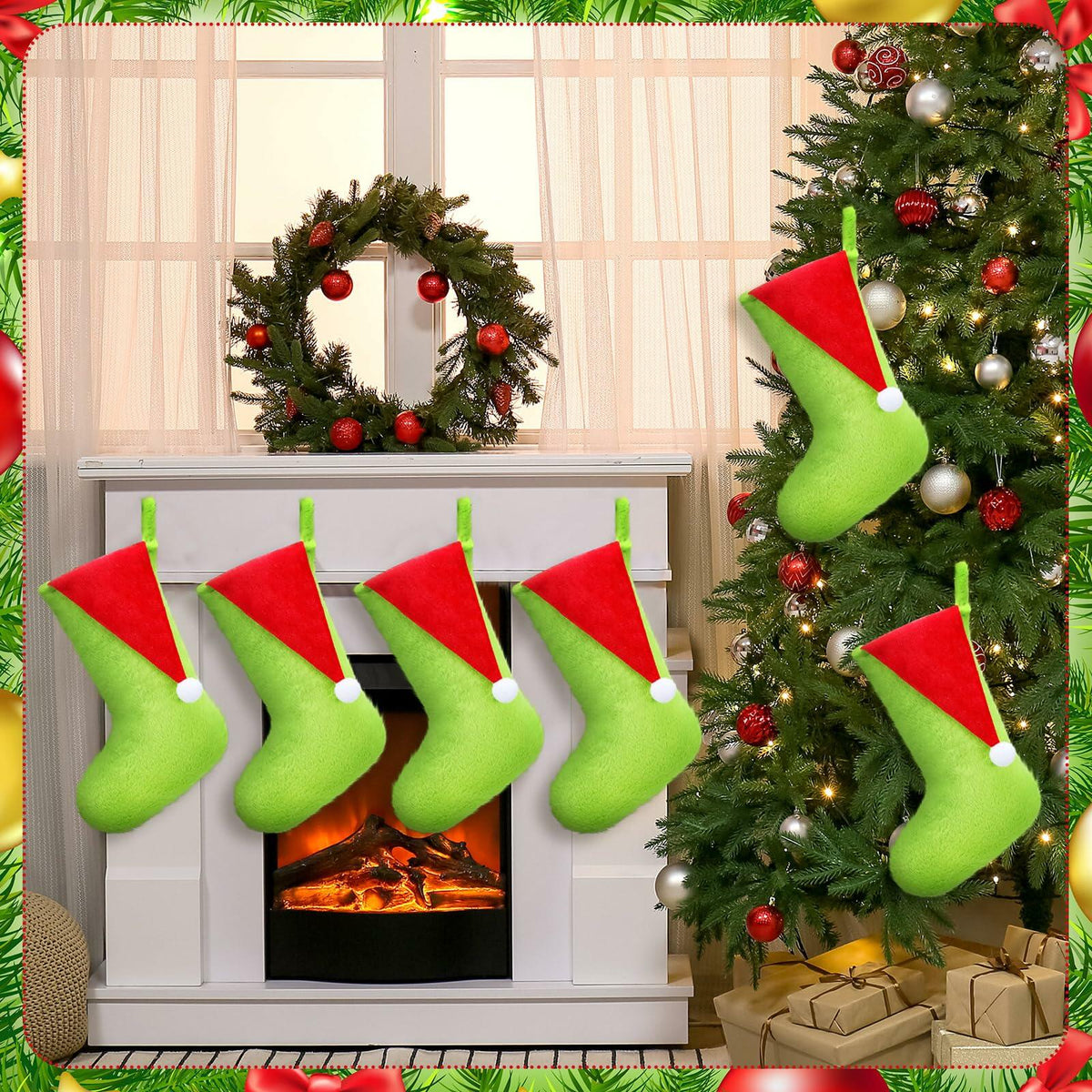 Lunmon 6pcs 18in Red Green Christmas Stockings Faux Fur Holiday Decor