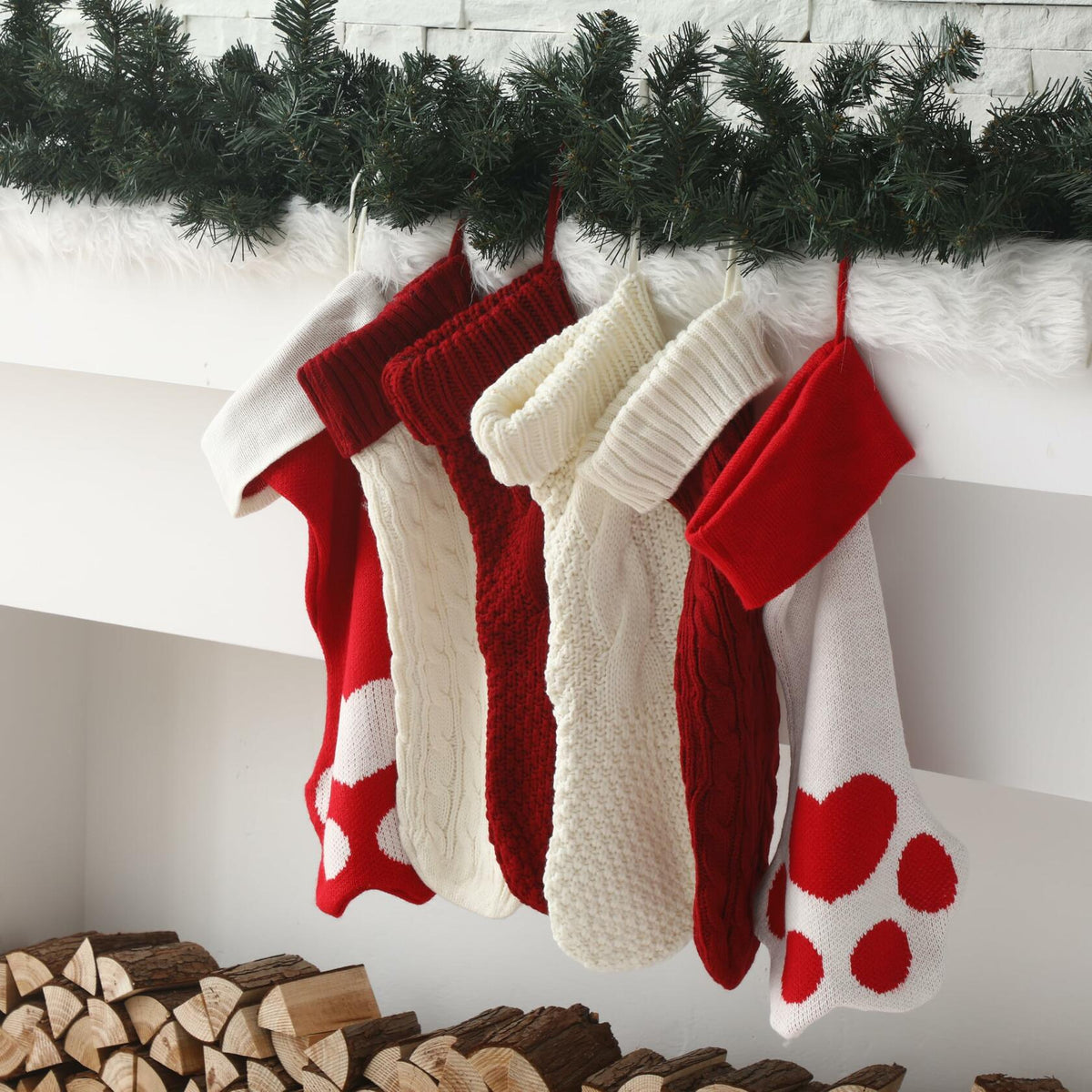 Geyoga 6 Pcs Dog Christmas Stocking Red White Knitted 18in Large Set