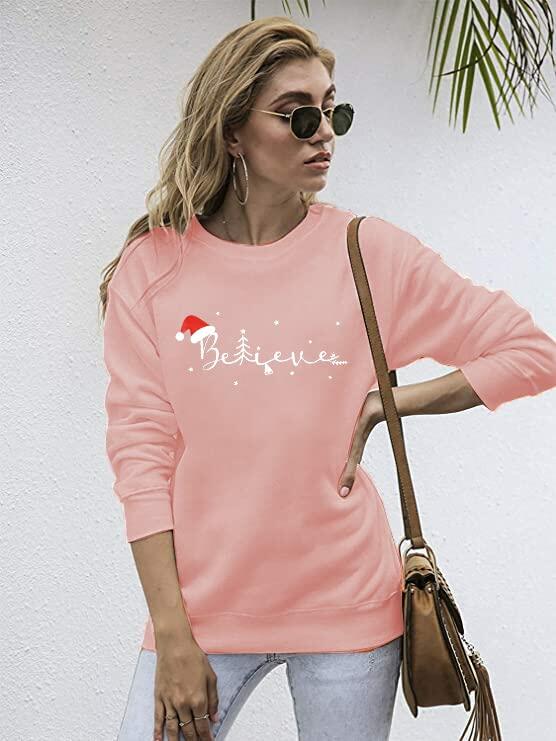 FASHGL Believe Sweatshirt Women Funny Christmas Hat Graphic Pink Size 2XL