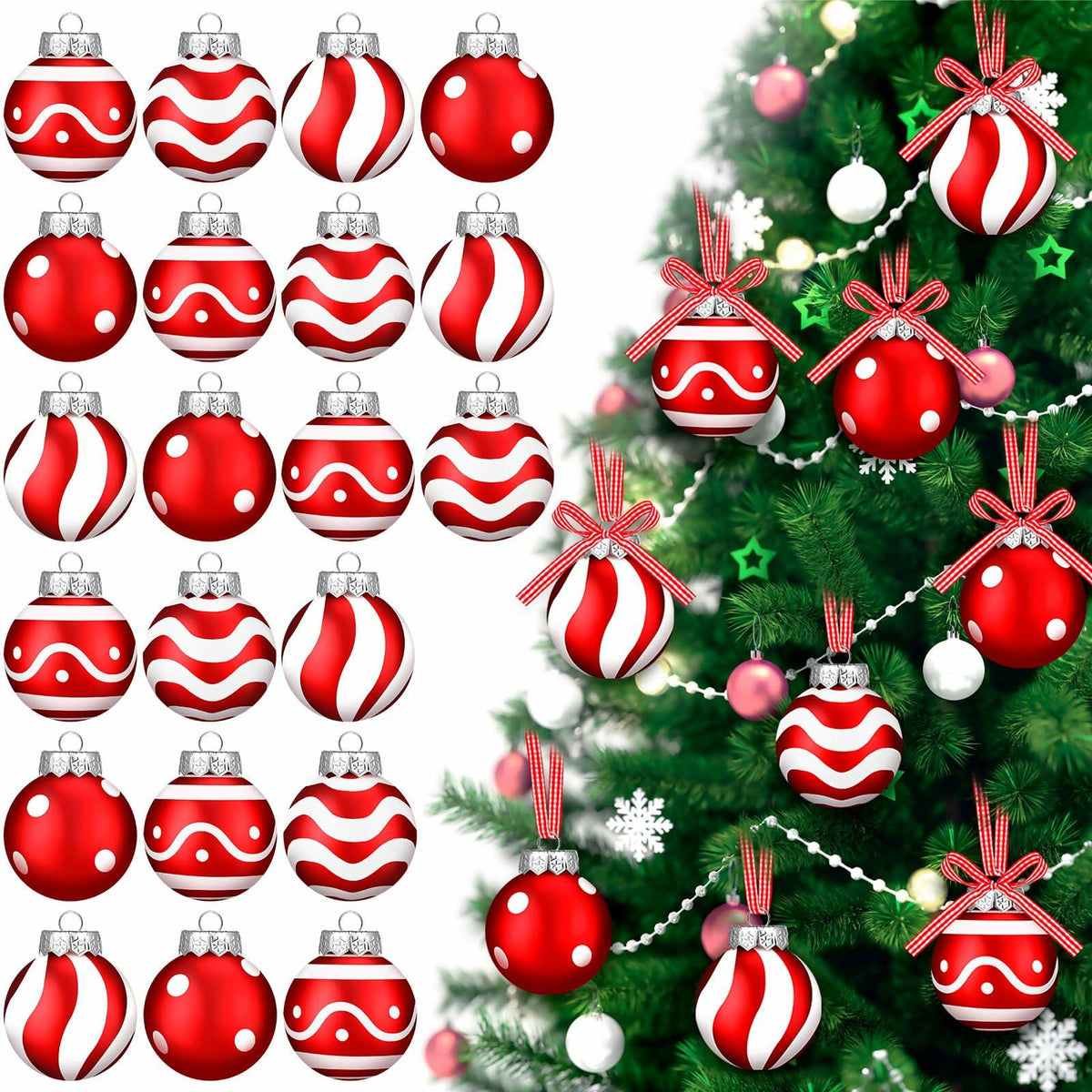 Chuangdi Christmas Ball Ornaments Striped Polka Dots 2.36'' 24 Pcs