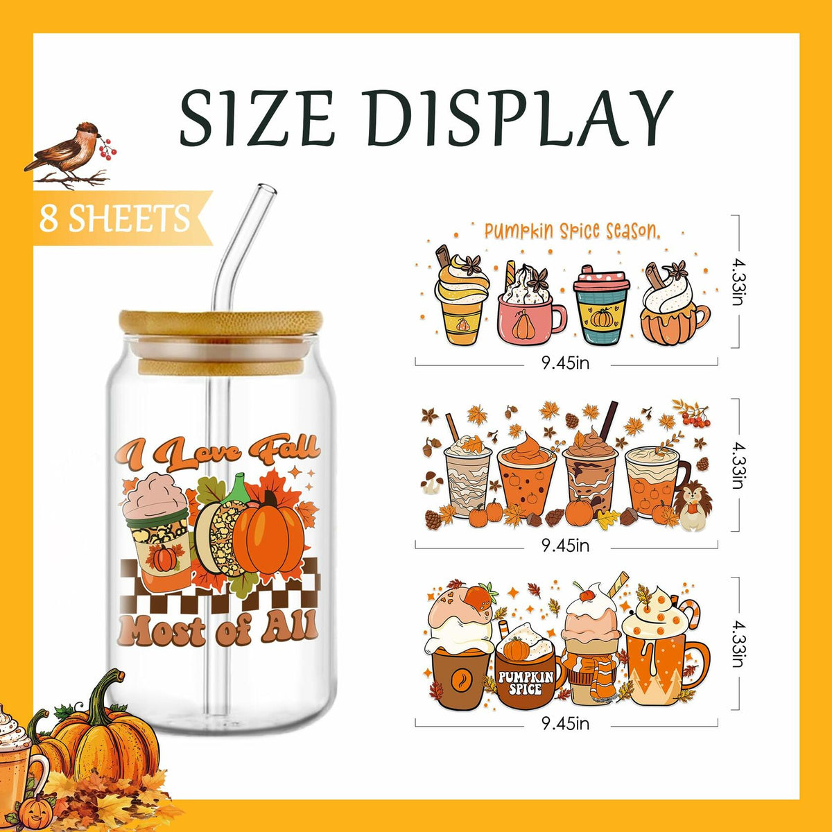 AFRITEE Transfer Stickers 8 Sheets Orange Thanksgiving Autumn Pumpkin Decor