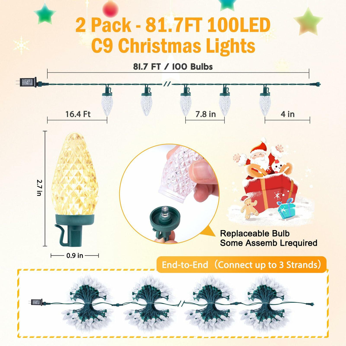 Brightown 2 Pack C9 Christmas Lights 200 LED 162FT Multicolor Timer 8 Modes