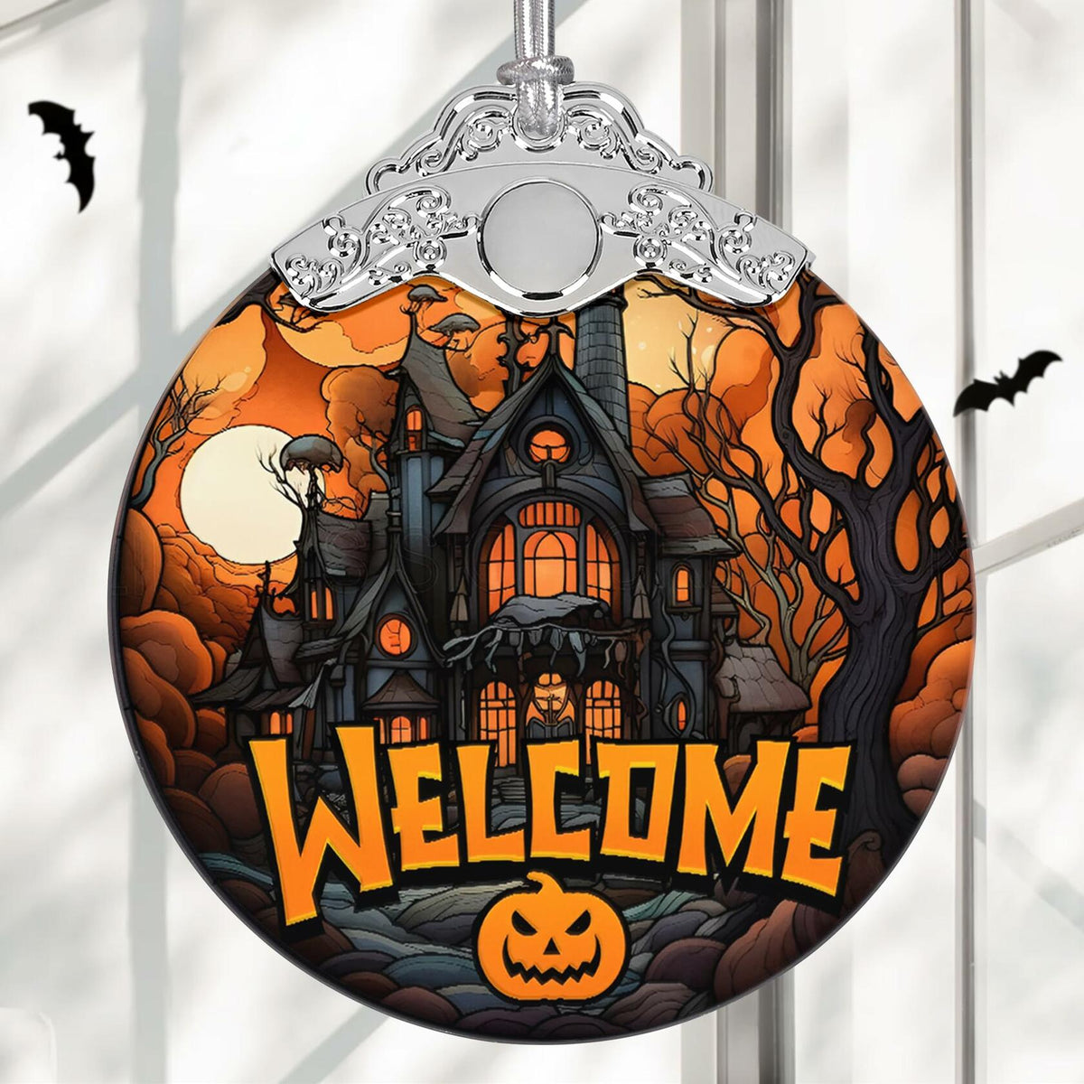 Welcome to The Haunted House Stained Glass Christmas Ornament Holiday Decor