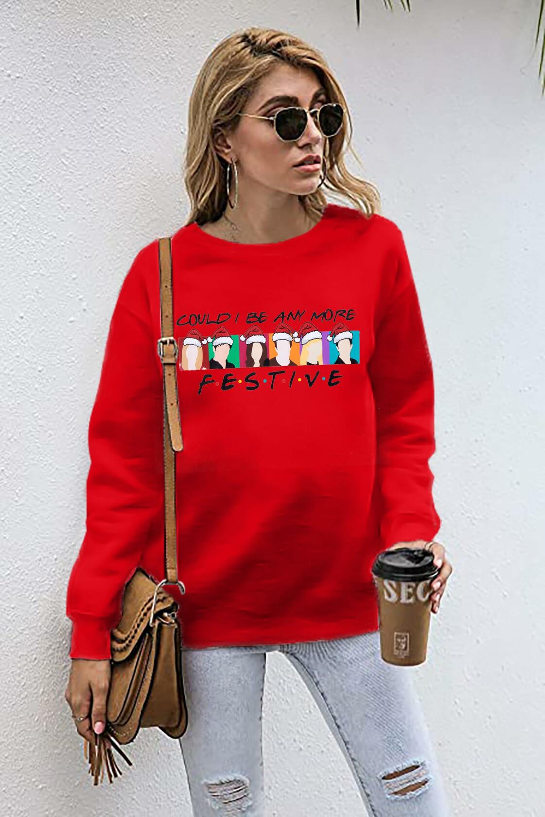 FASHGL Christmas Friends Sweatshirt Women Red Long Sleeve Tee Size L