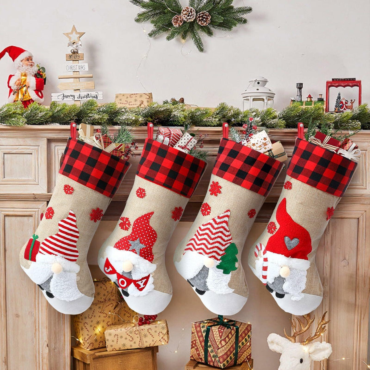 LASPERAL 4Pcs 18in Christmas Stockings 3D Burlap Santa Snowman Reindeer