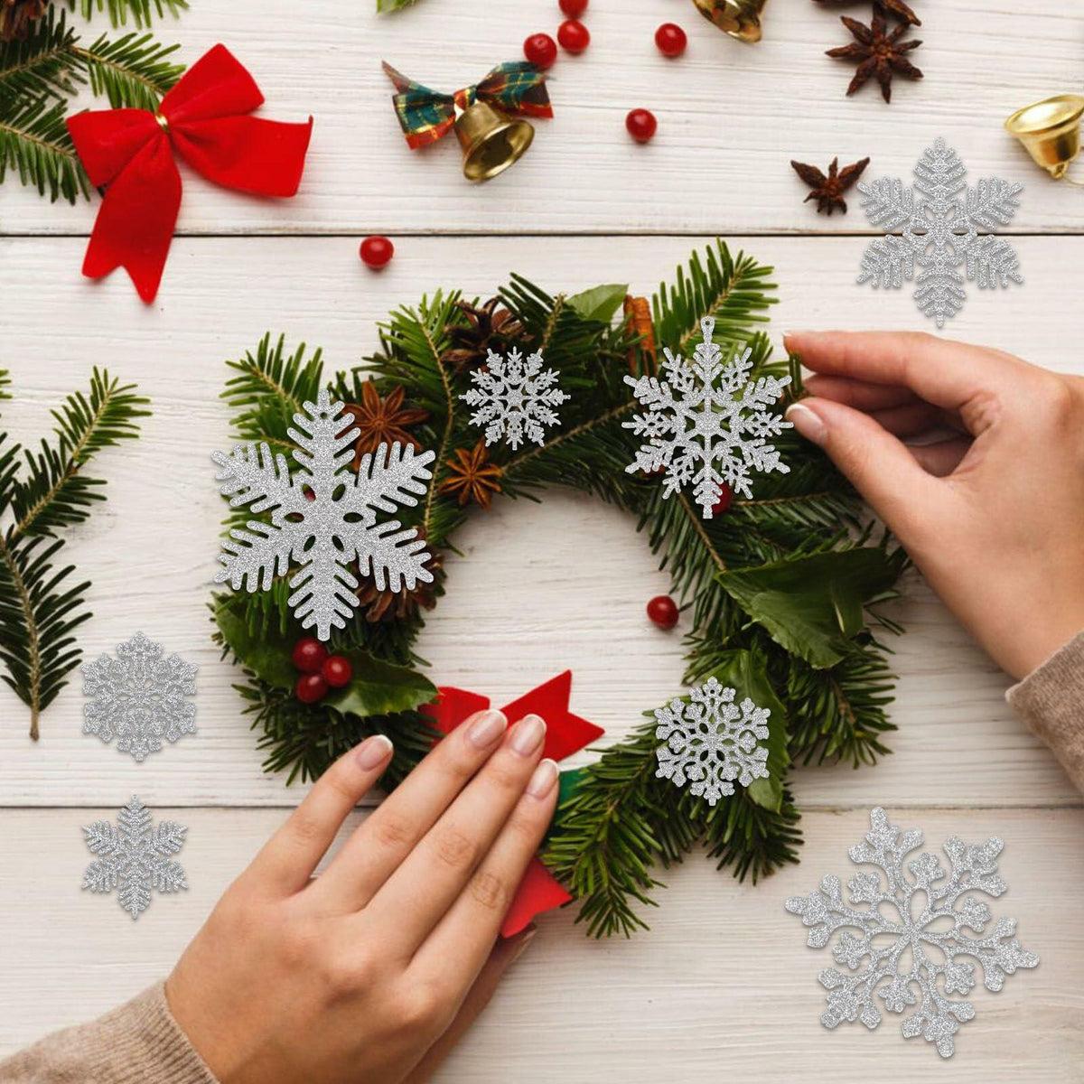 54pcs Silver Snowflake Christmas Tree Ornaments Glitter Indoor Decor