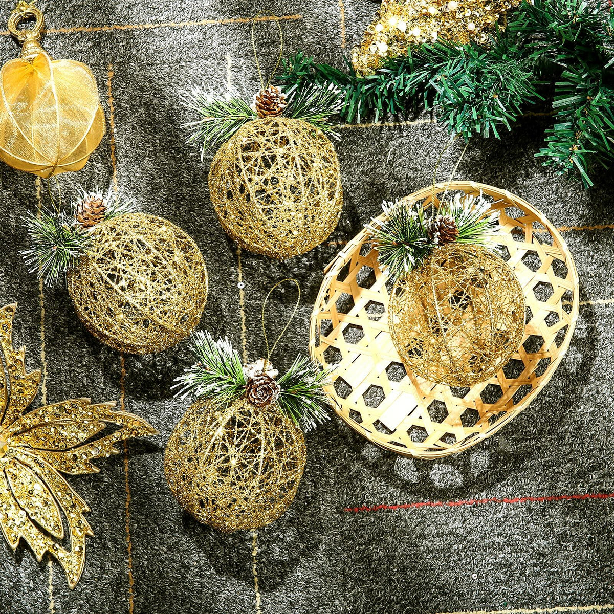 Christmas Ball Ornaments 4pc Set Champagne Pinecone Rattan String Decor