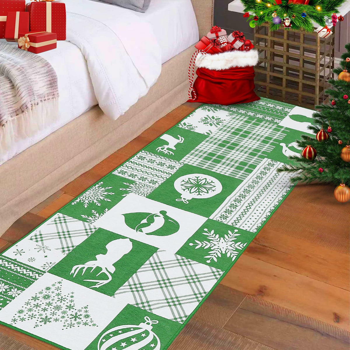 CAREMEE Christmas Area Rug Non-Slip Washable Green 2x3 FT Holiday Decor