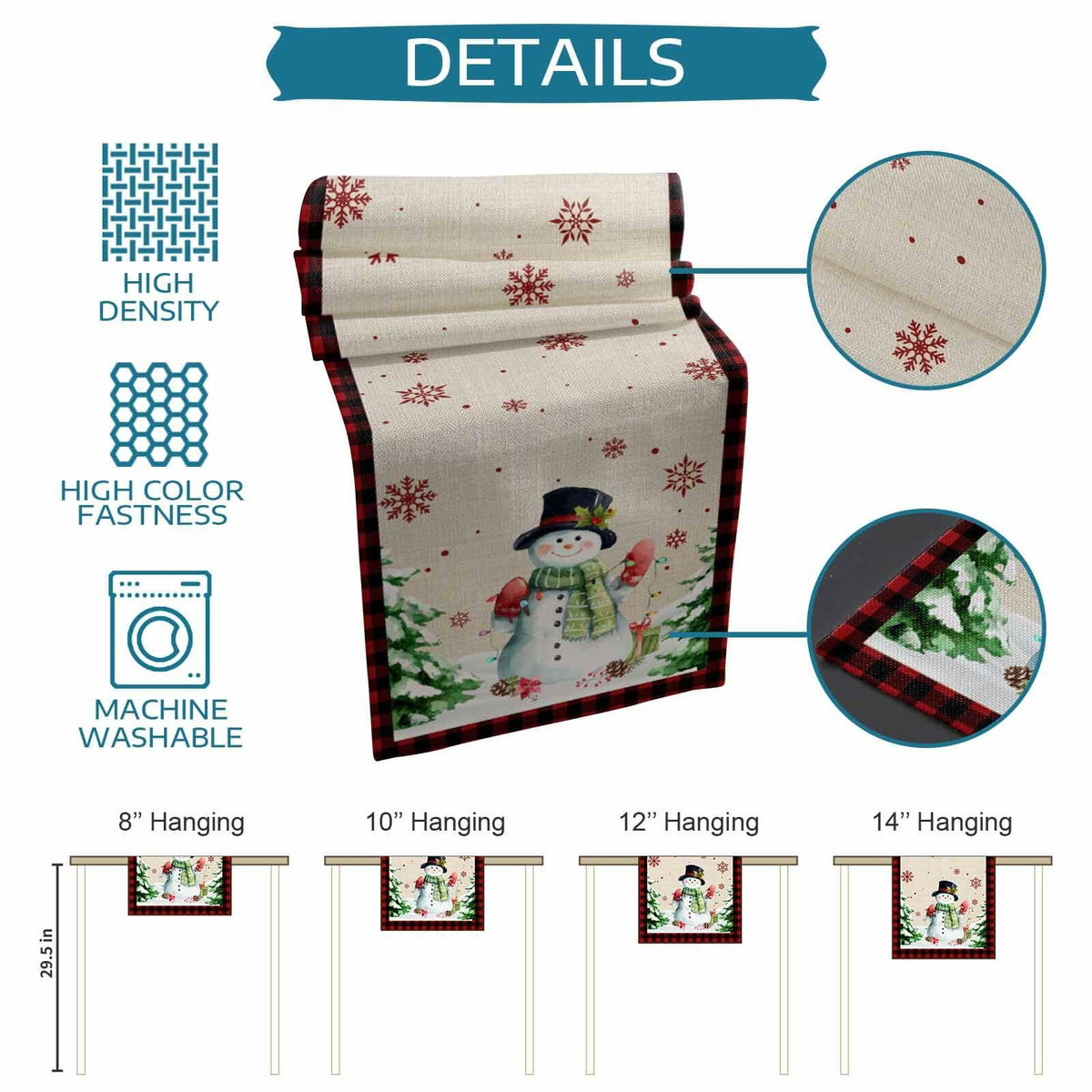 Christmas Table Runner Snowman Burlap Linen 108in Xmas Tree Snowflake Decor
