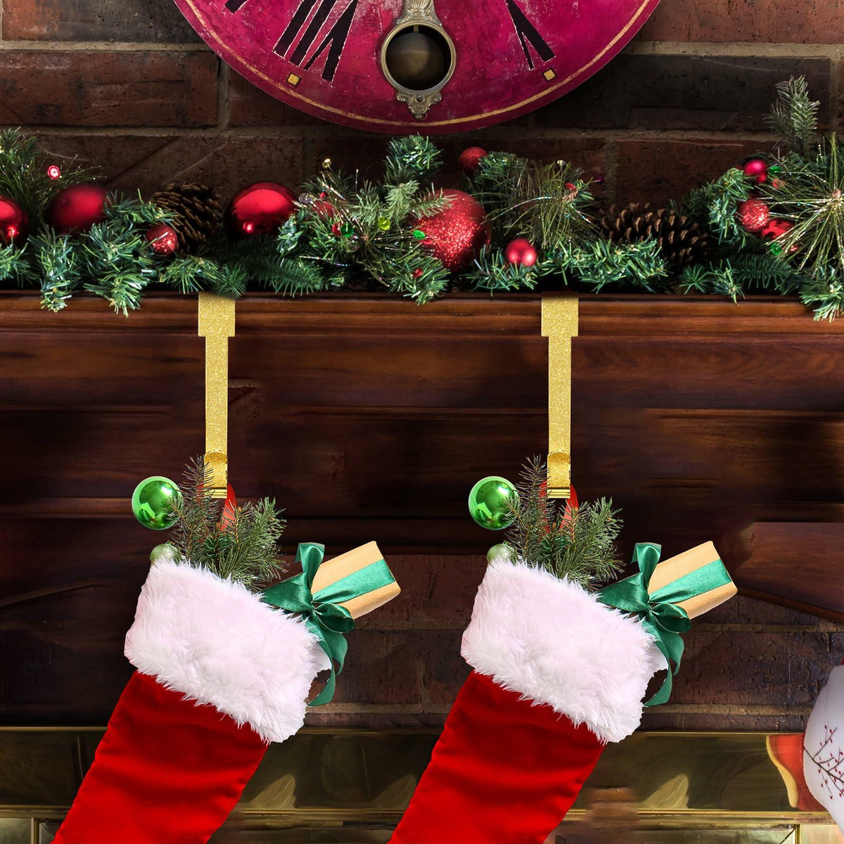 Tandefio 12 Pack Glitter Christmas Stocking Holder Hangers Gold Mantel Hooks