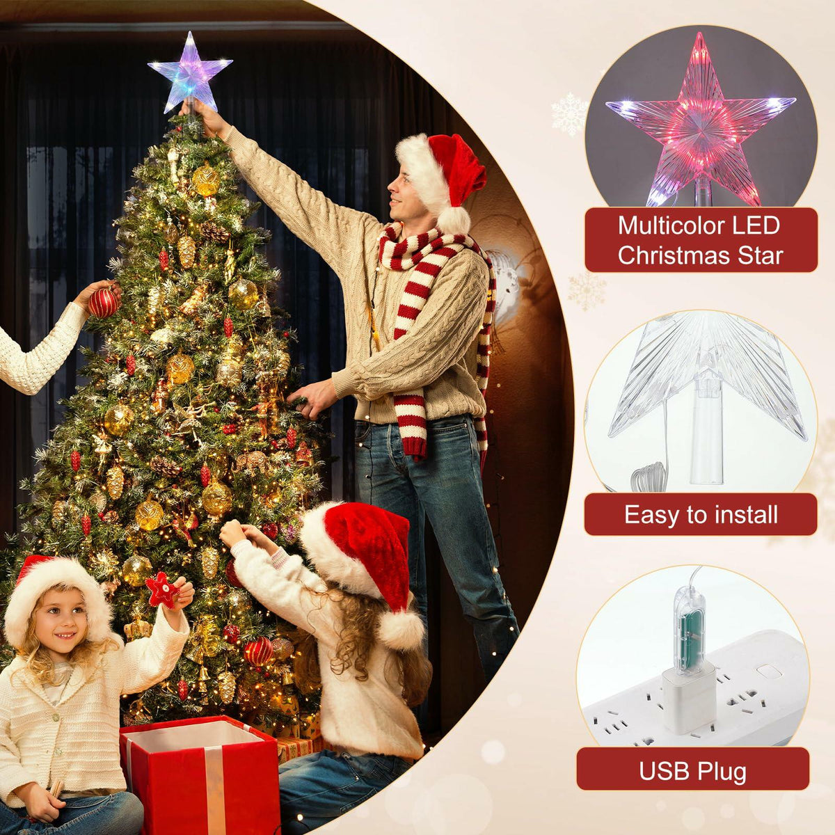 Riakrum Christmas Star Tree Topper Lights 9.5in USB Remote Multicolor 2pcs