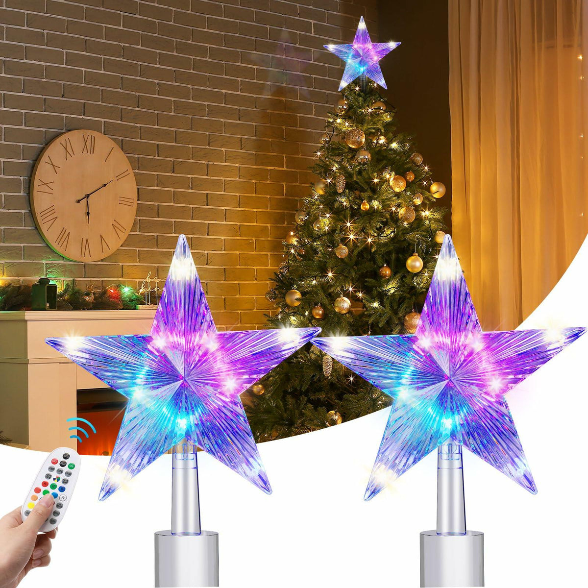 Riakrum Christmas Star Tree Topper Lights 9.5in USB Remote Multicolor 2pcs