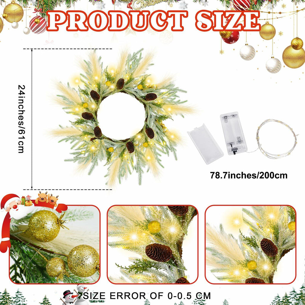 Chuangdi 24" Lighted Norfolk Pine Pampas Christmas Wreath with Pine Cones