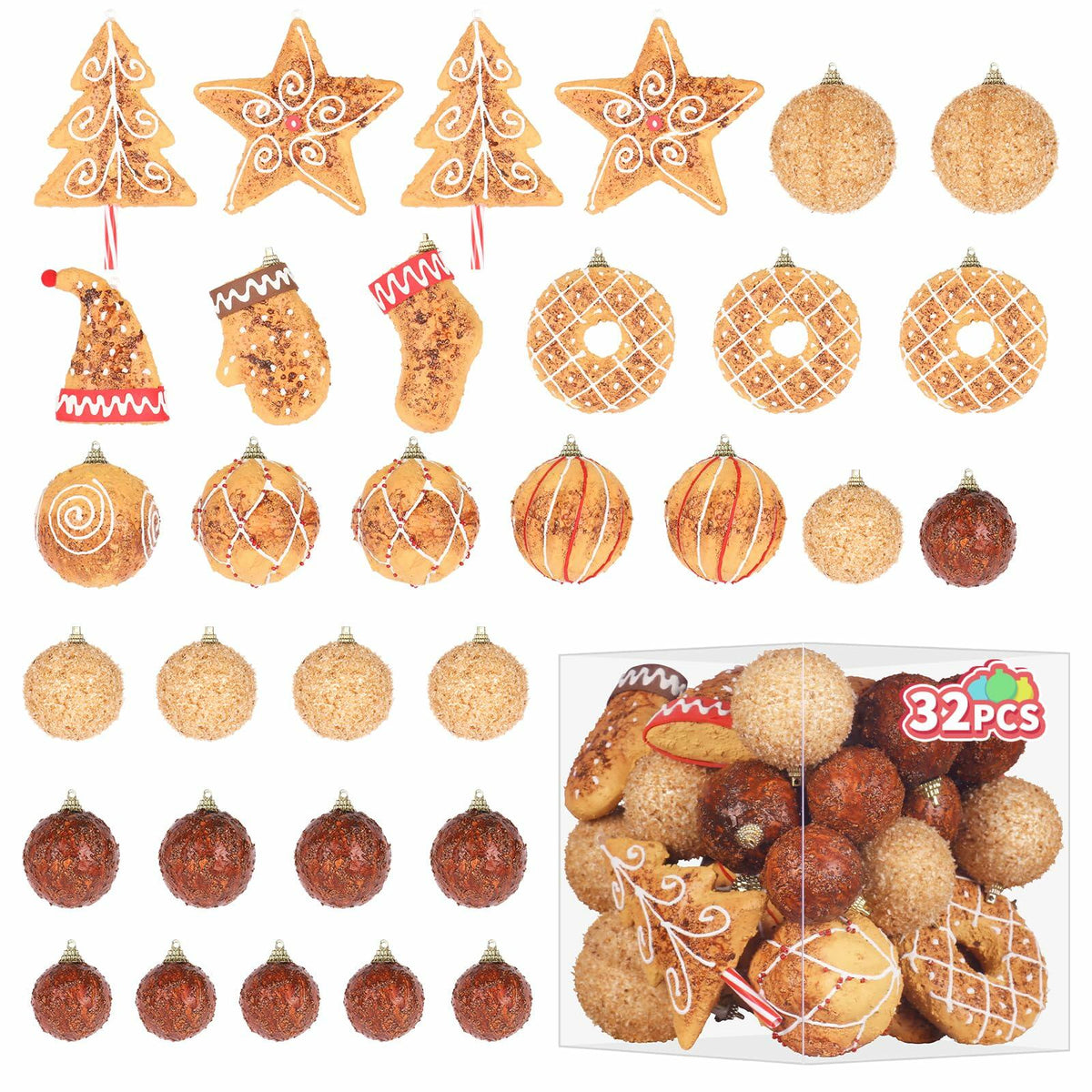 RoseCraft Christmas Ornaments Set 32PCS Shatterproof Multi-Color Hanging Balls