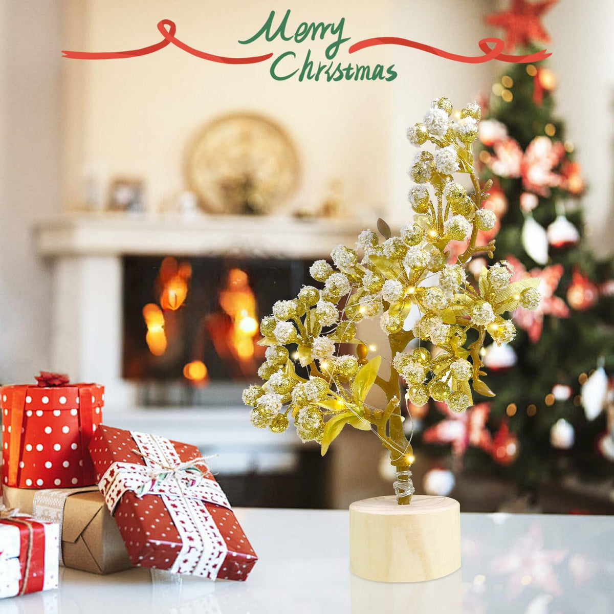 COTOSEY 12" Mini Christmas Red Berries Tree with Light Red Xmas Decor