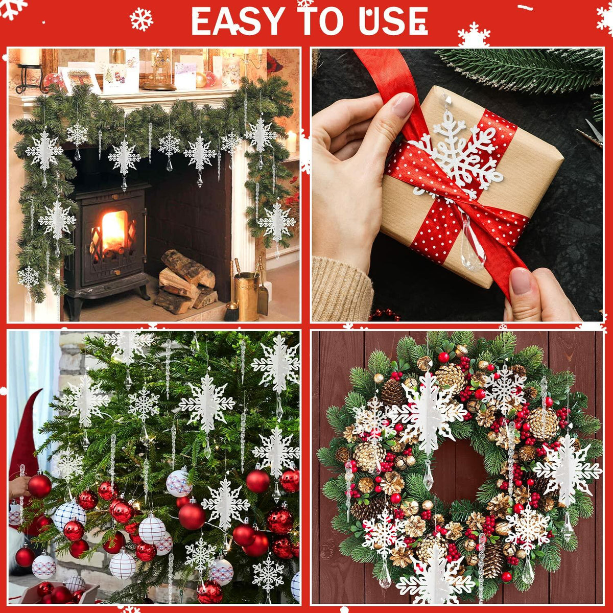 24 Pcs Snowflake Drop Ornaments Clear Decorative Hanging for Christmas Tree