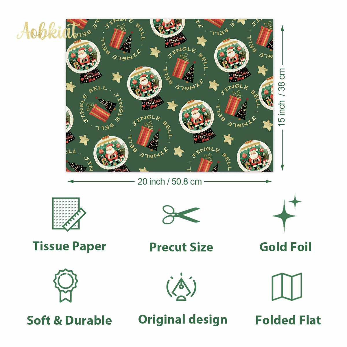 Aobkiat Christmas Wrapping Tissue Paper 24 Sheets 20x15in Red Green
