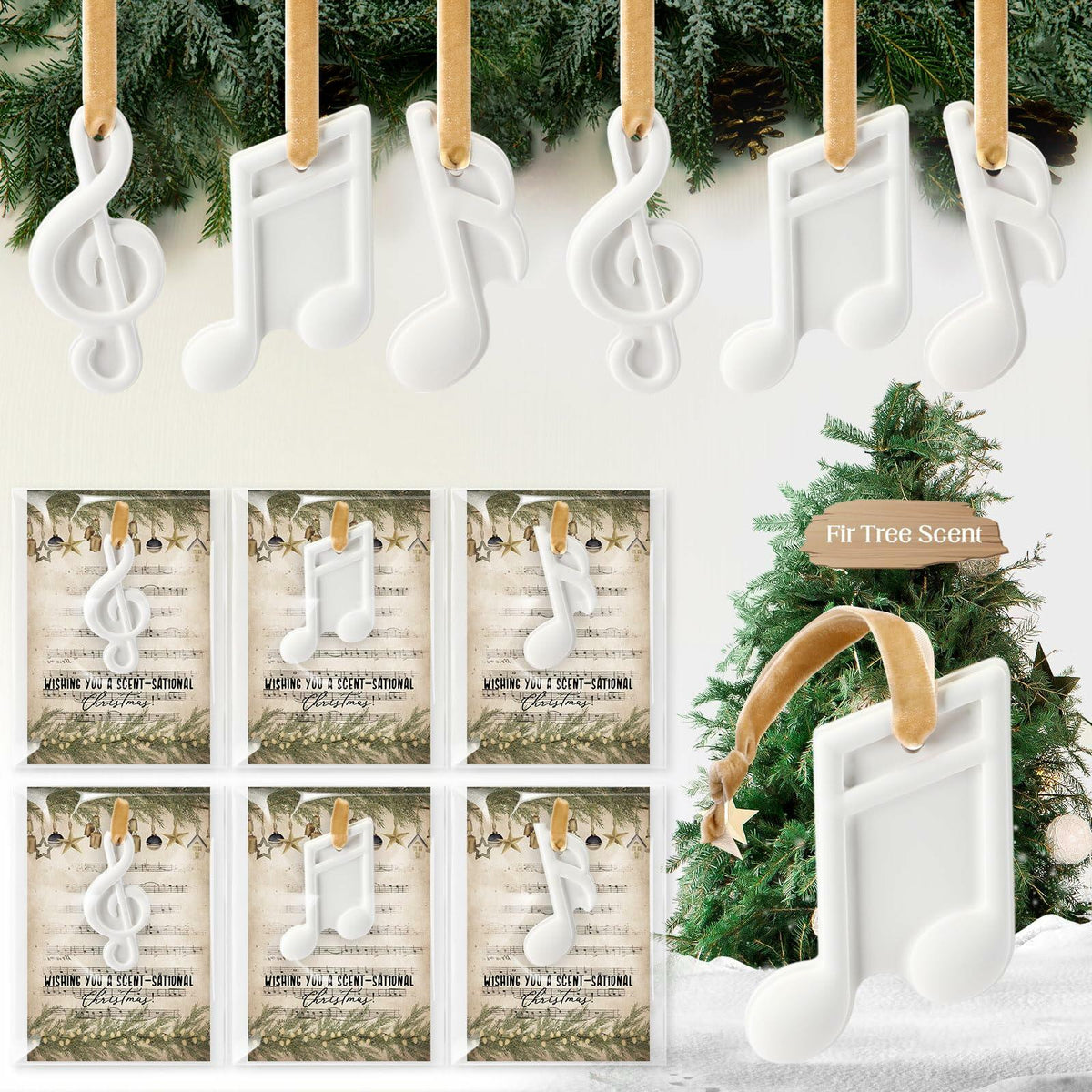 Heigble 6 Sets White Music Note Christmas Tree Hanging Scented Ornaments