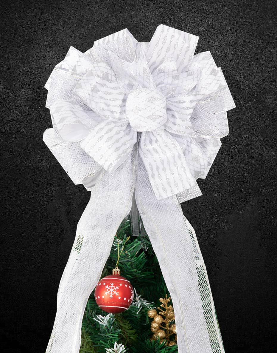 Handmade Christmas Tree Bow Topper Large Silver 27x12 Inches