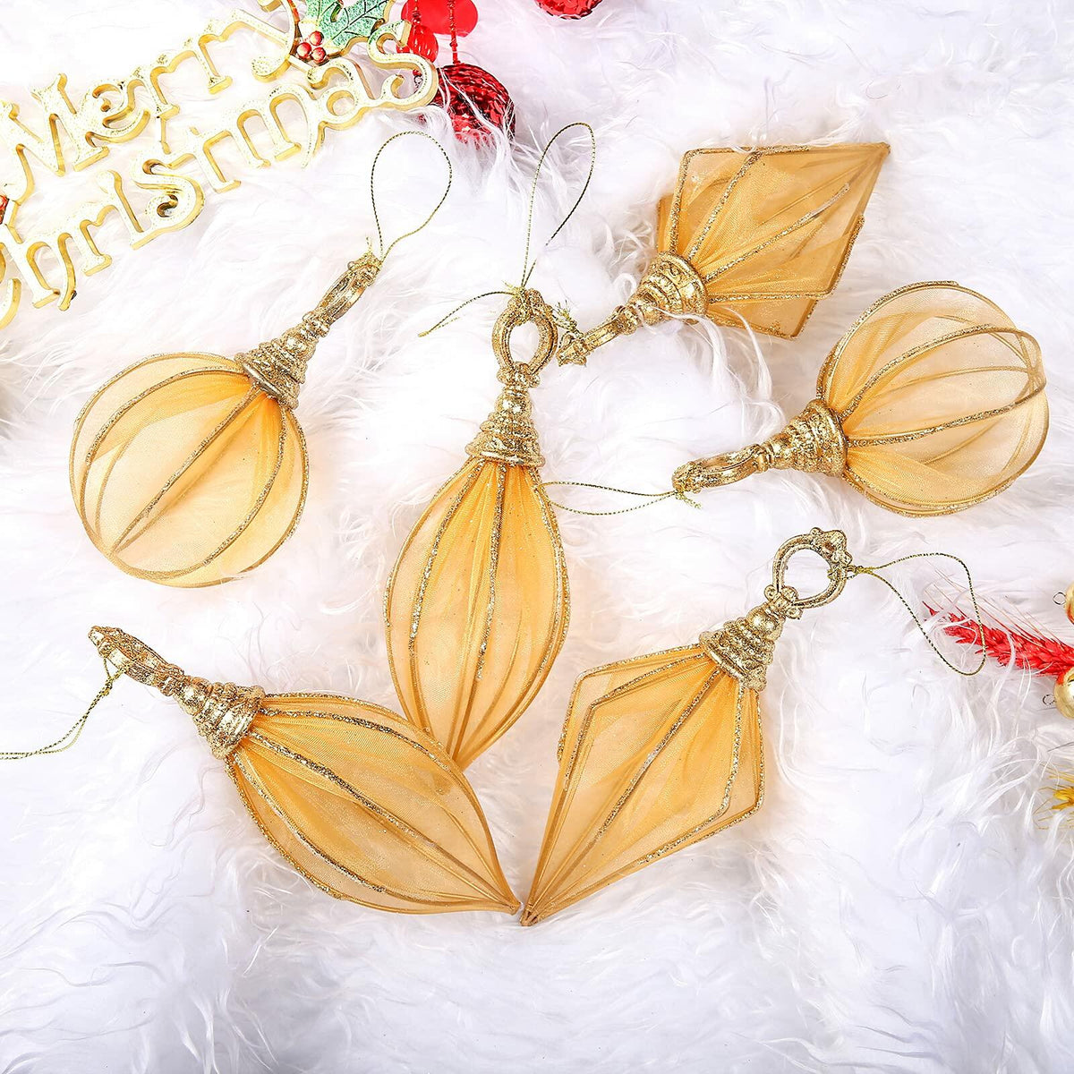 Gold Rugby Christmas Ornaments 6pc Set Round Balls Diamond Pendants