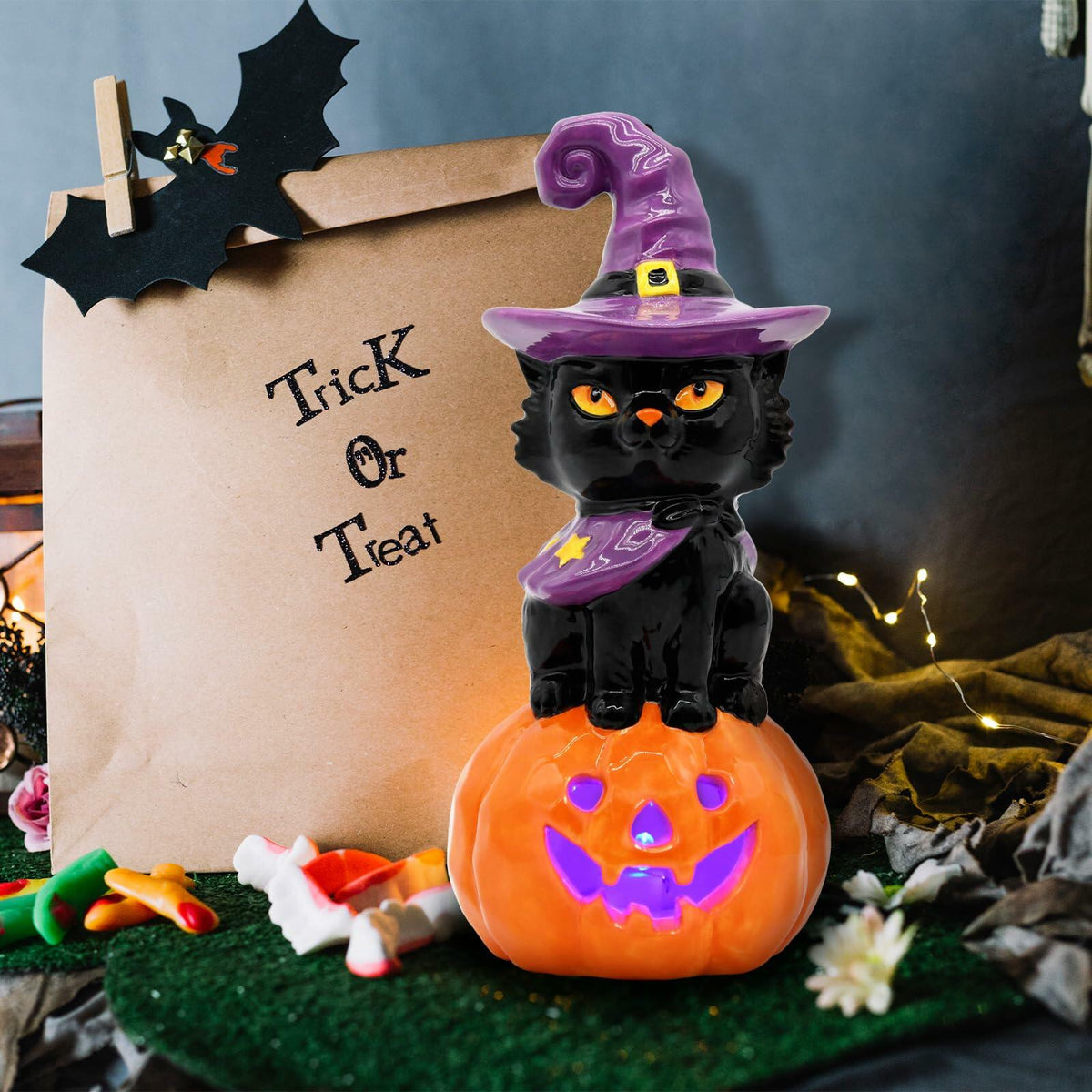 nuvagiki Light Up Black Cat Christmas Decor 8.2in Ceramic Indoor