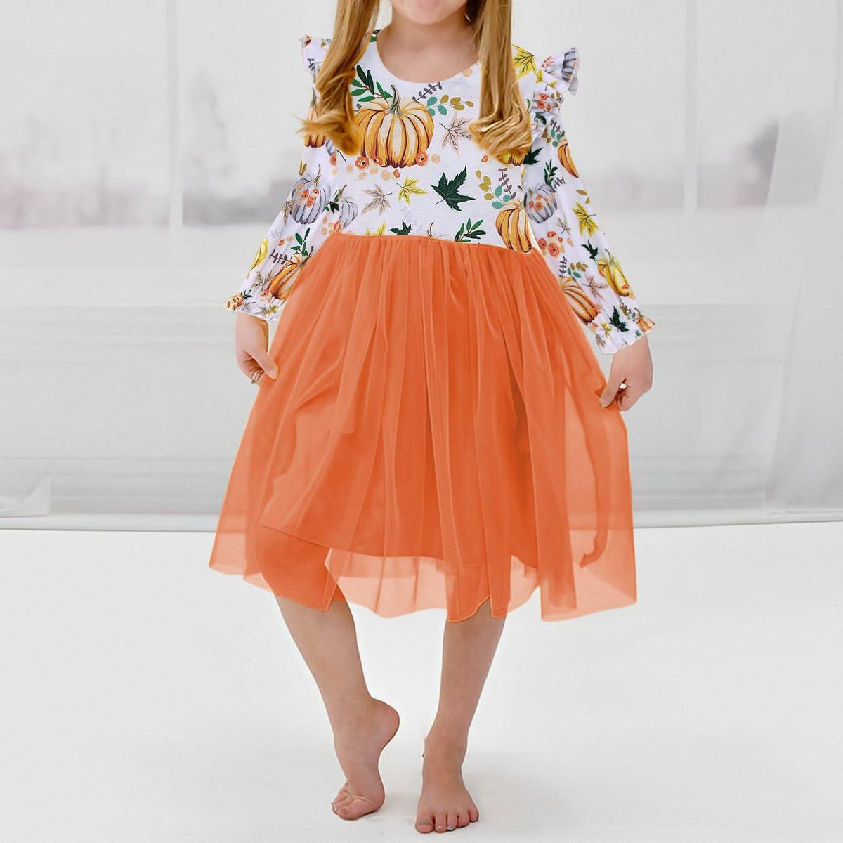 C&M WODRO Toddler Girl Thanksgiving Pumpkin Tulle Dress Pumpkin+Leaf 3-4T