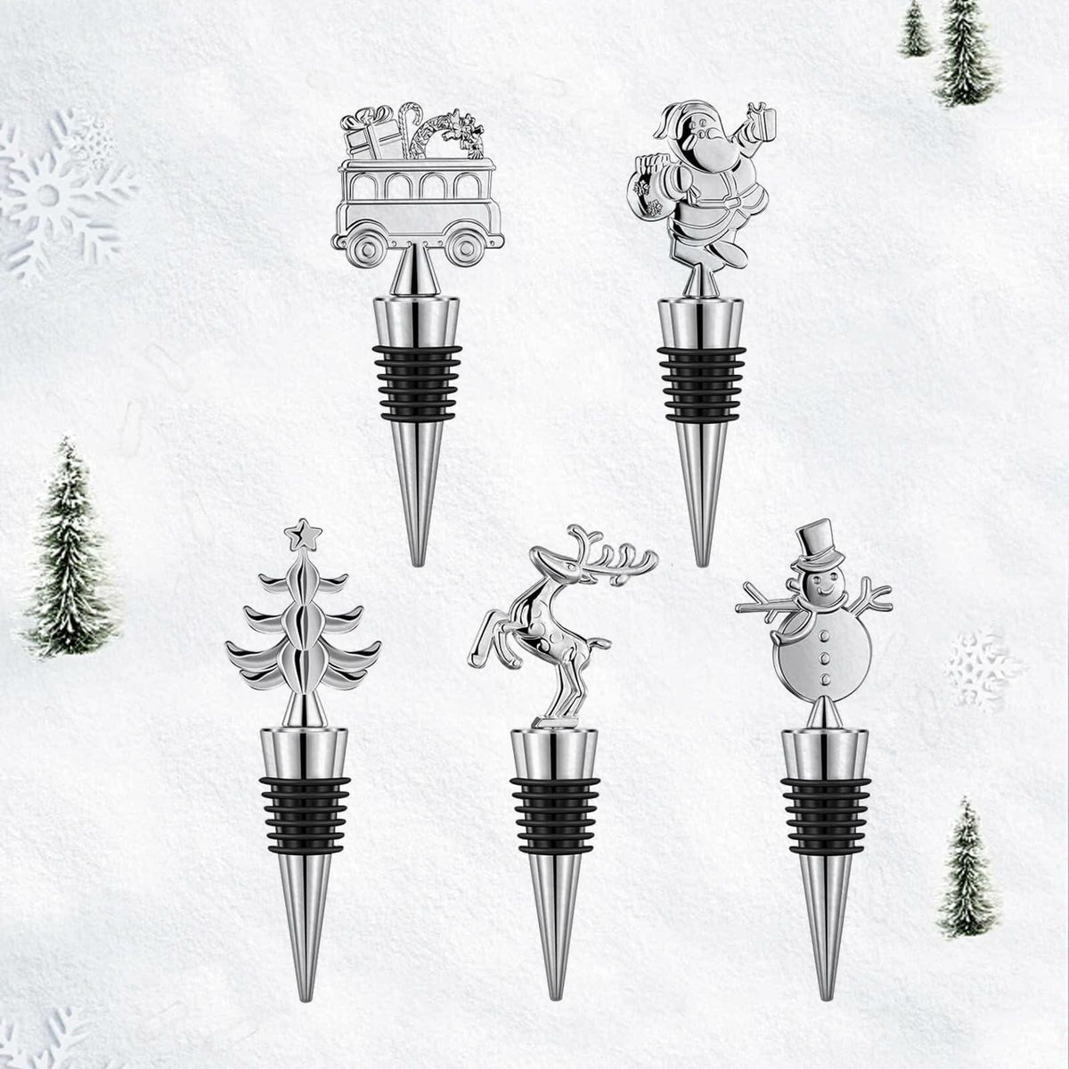 MANTIANJIN Christmas Wine Bottle Stoppers 5-Pack Zinc Alloy Silicone Silver