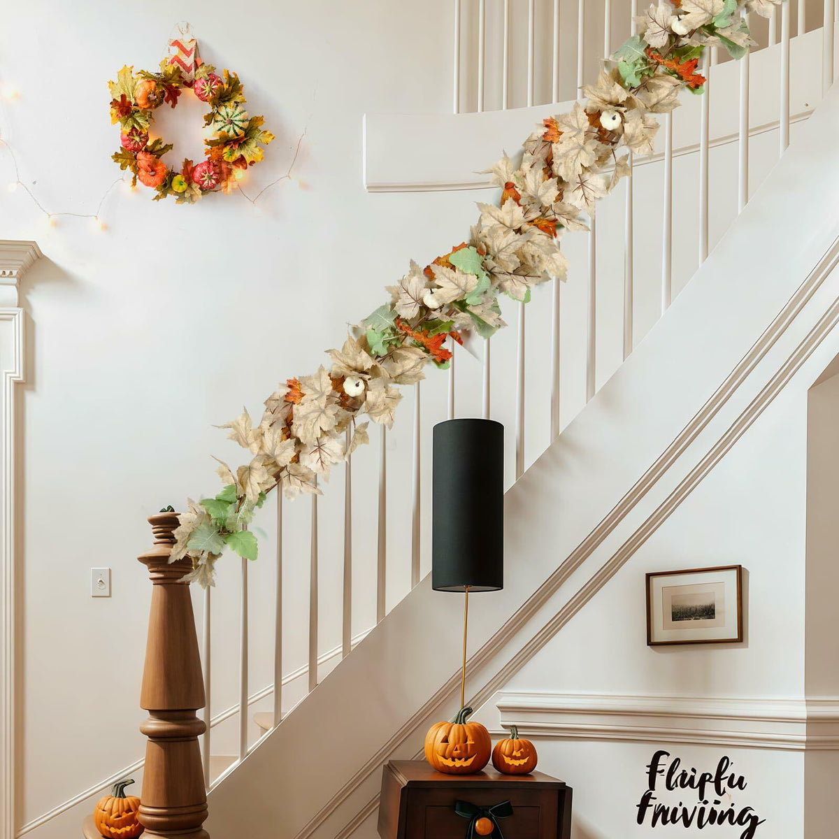 DEPMEM 9Ft Fall Garland White Pumpkins Maple Leaves Thanksgiving Decor 1Pack