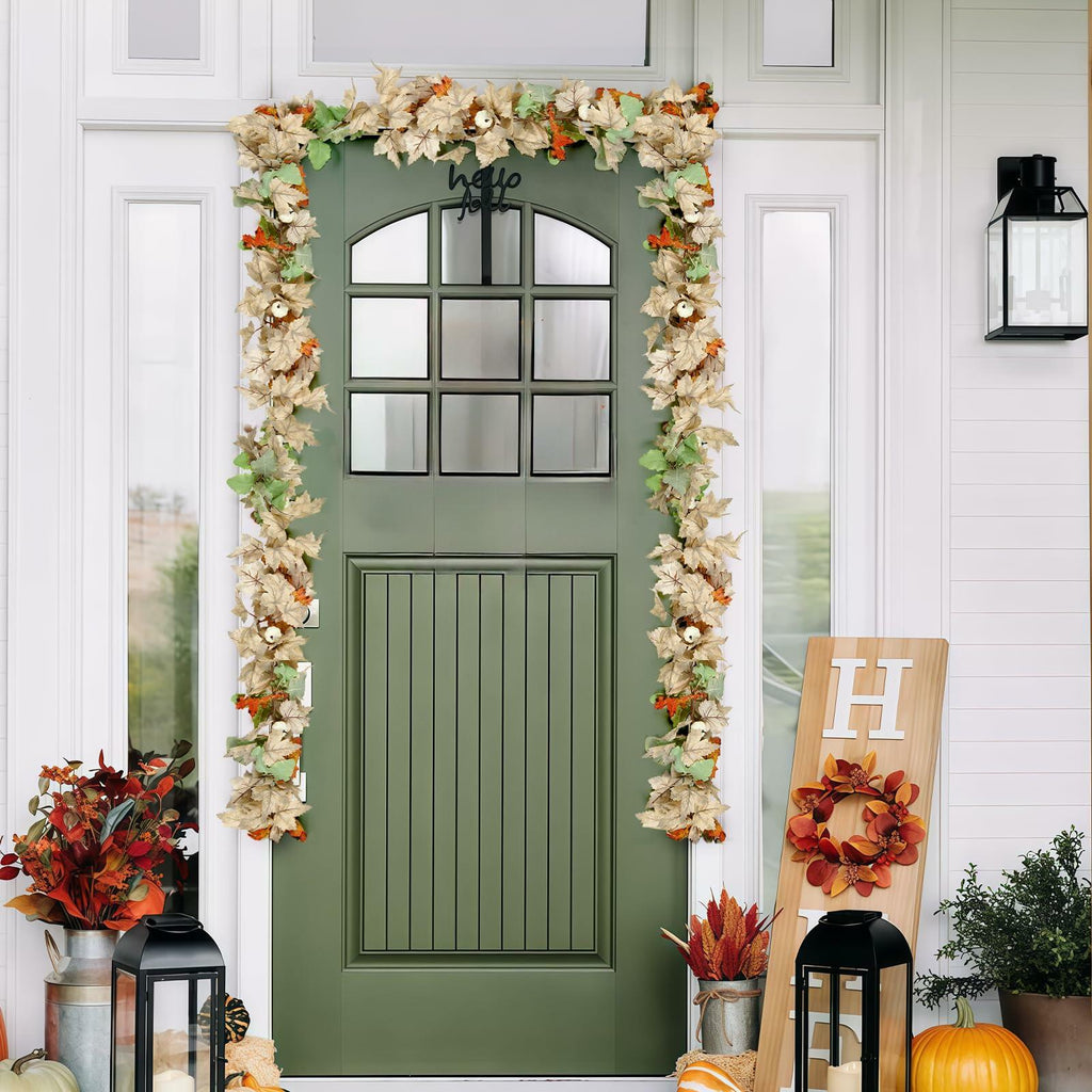 DEPMEM 9Ft Fall Garland White Pumpkins Maple Leaves Thanksgiving Decor 1Pack
