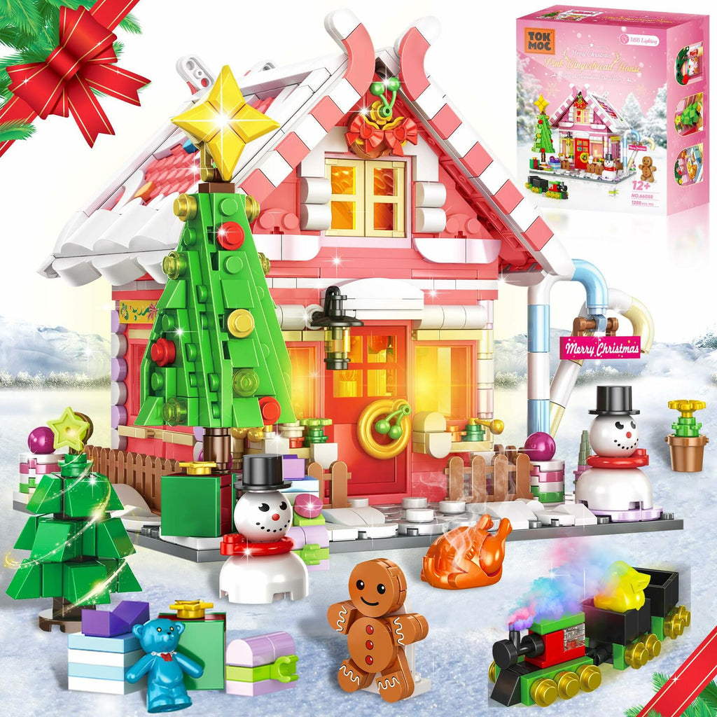 GIVFOZAY 1288PCS Christmas Gingerbread House Building Block Set Pink OPEN BOX