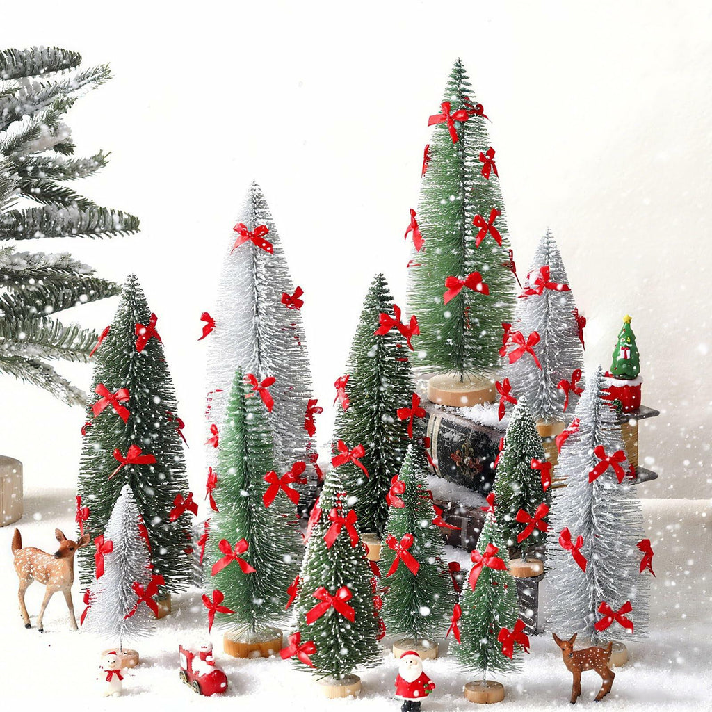 Soaoo 12 Pack Bottle Brush Christmas Trees 5-10in Wood Base Green Silver