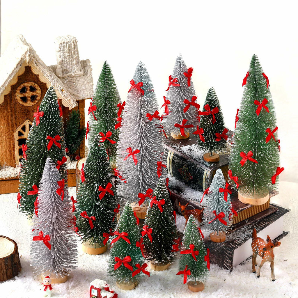 Soaoo 12 Pack Bottle Brush Christmas Trees 5-10in Wood Base Green Silver