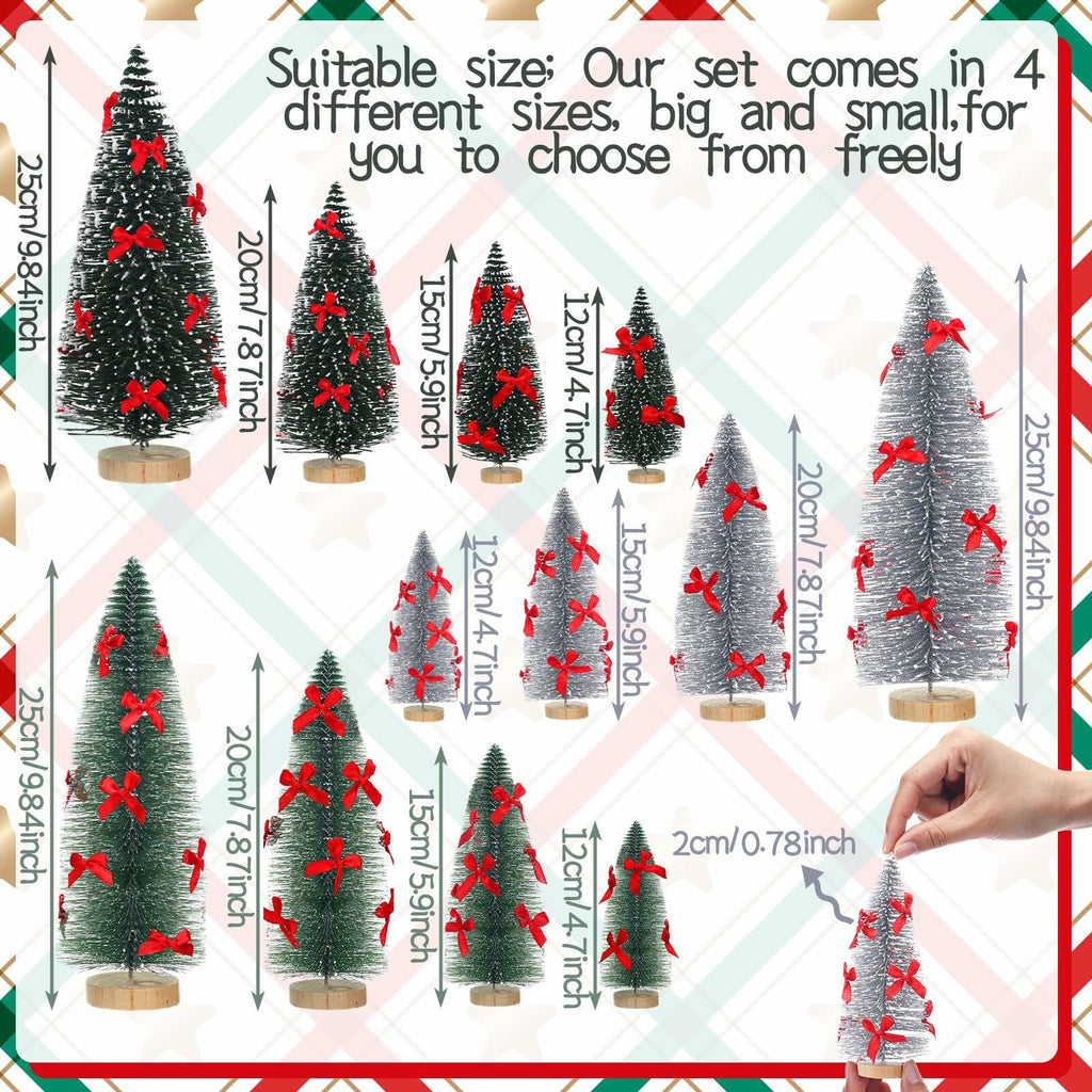 Soaoo 12 Pack Bottle Brush Christmas Trees 5-10in Wood Base Green Silver
