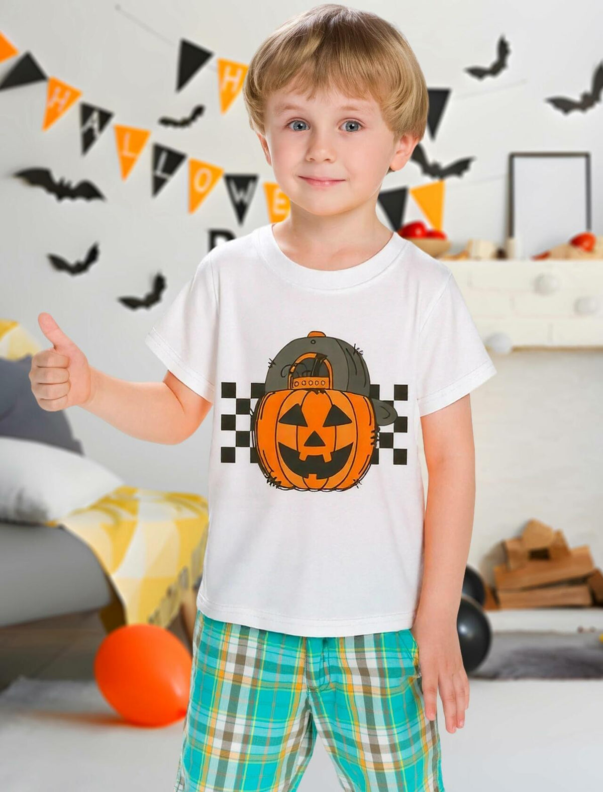 YWAGK Boys Halloween Pumpkin T-Shirt Plaid Tee White Size 7-8 Years