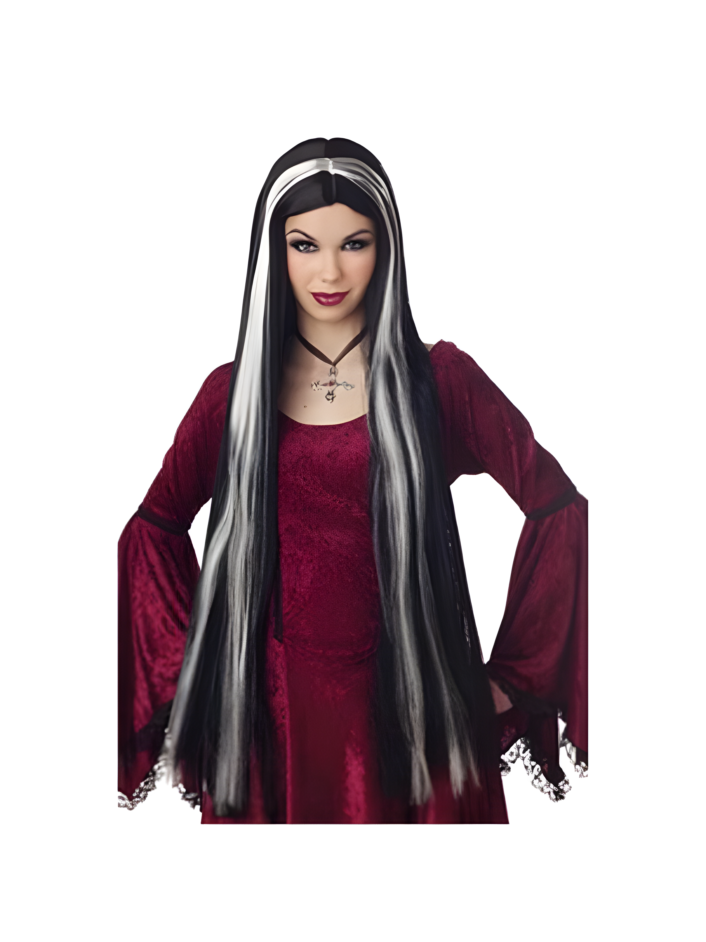 Adult Super Long Black Wig With White Streaks