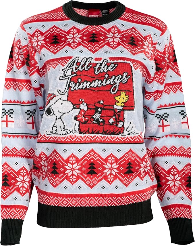 Peanuts House Snoopy and Woodstock All The Trimmings Adult Ugly Christmas Sweater