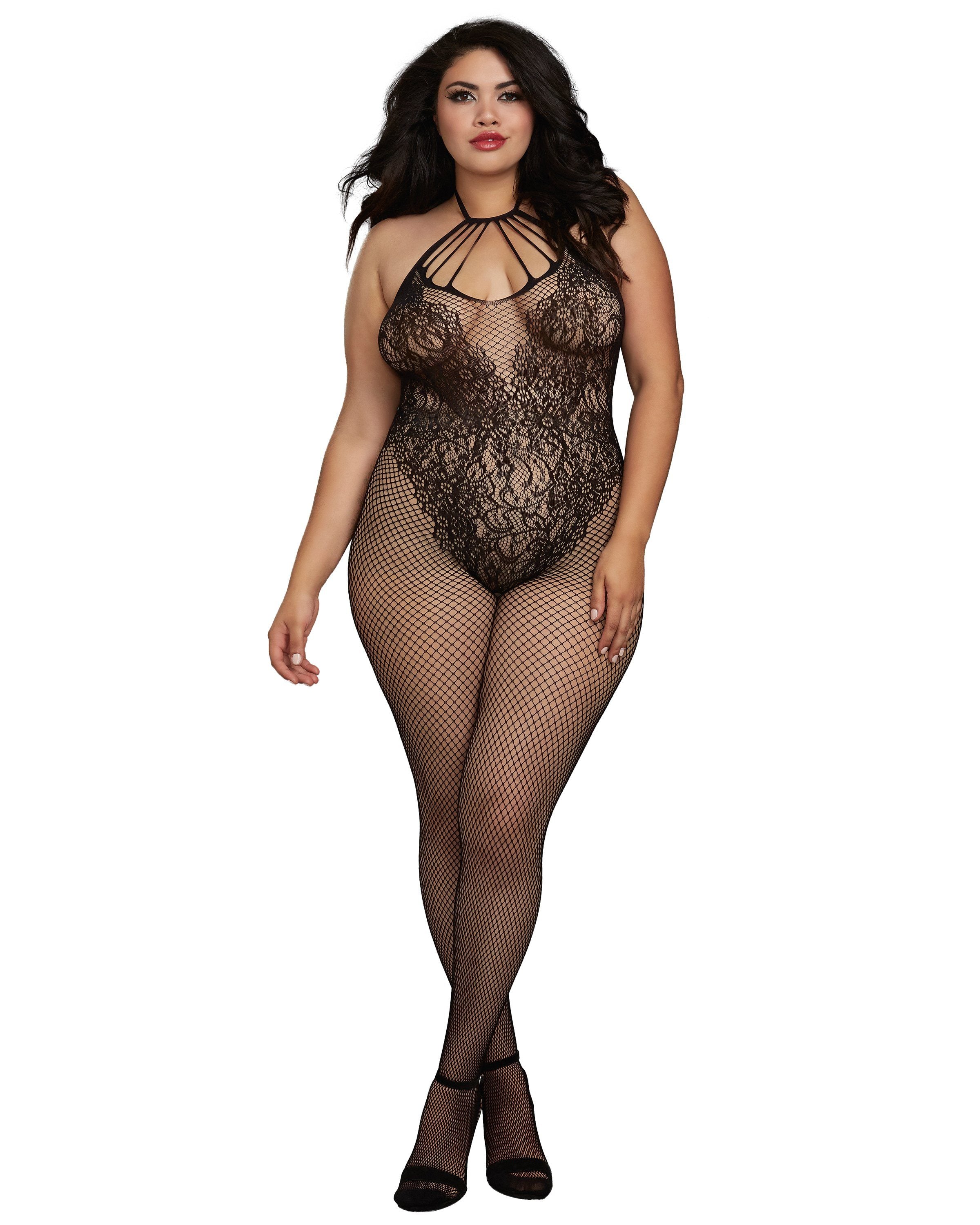 Dreamgirl Plus Fishnet Bodystocking with Knitted 'Teddy' Design