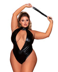 Dreamgirl Plus Faux-Leather Halter Teddy with Studded Collar & Flogger Accessory