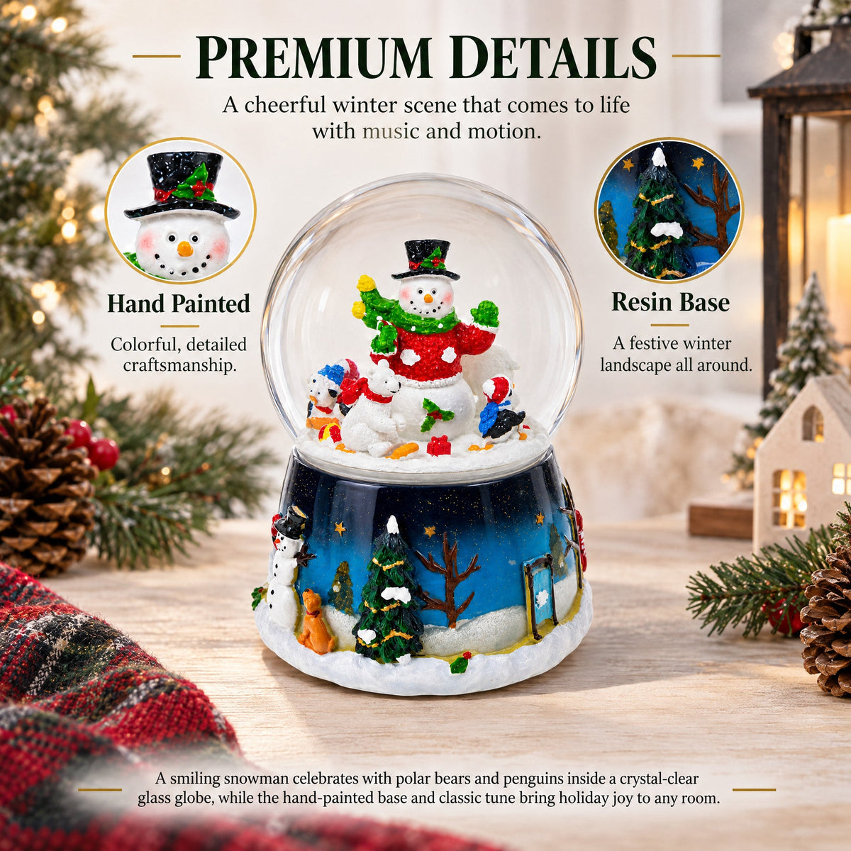 Snowman, Polar Bears, and Penguins Musical Spinning Snow Globe