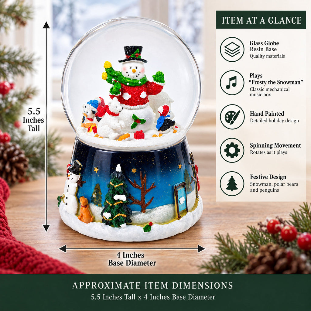 Snowman, Polar Bears, and Penguins Musical Spinning Snow Globe