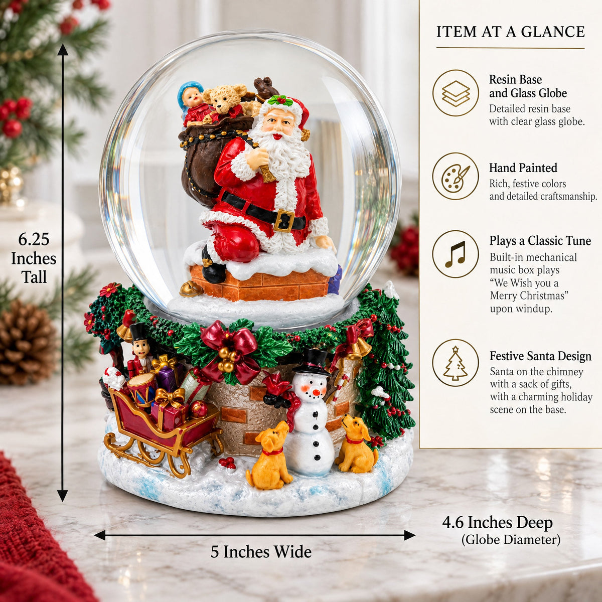 Santa's Chimney Adventure Musical Water Snow Globe