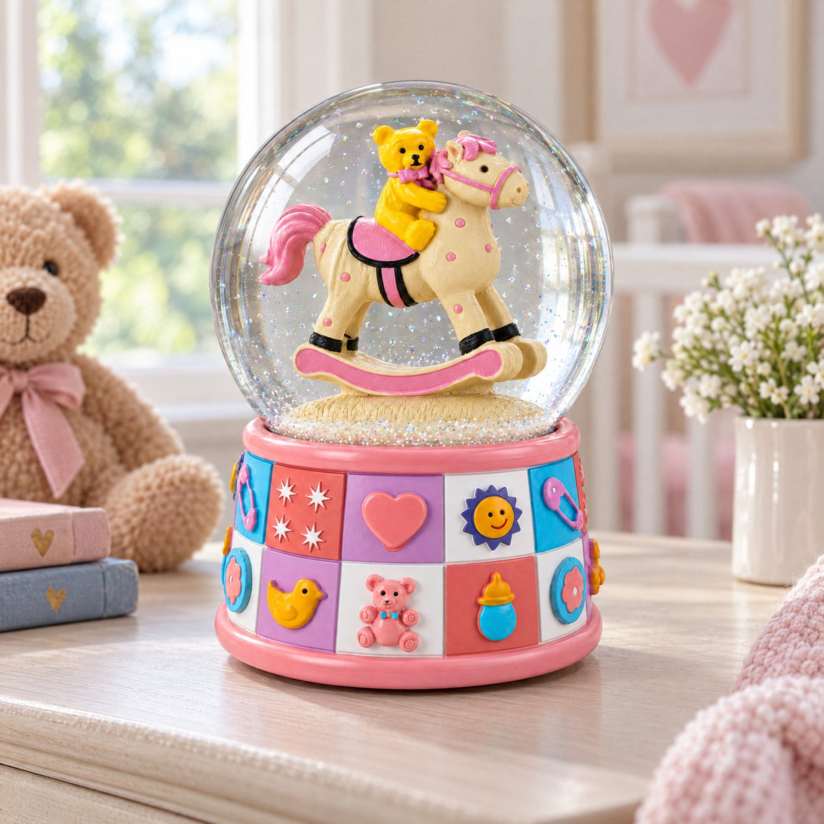 Teddy Bear Rocking Horse Musical Snow Globe - Nursery Decor 5.7 Inches