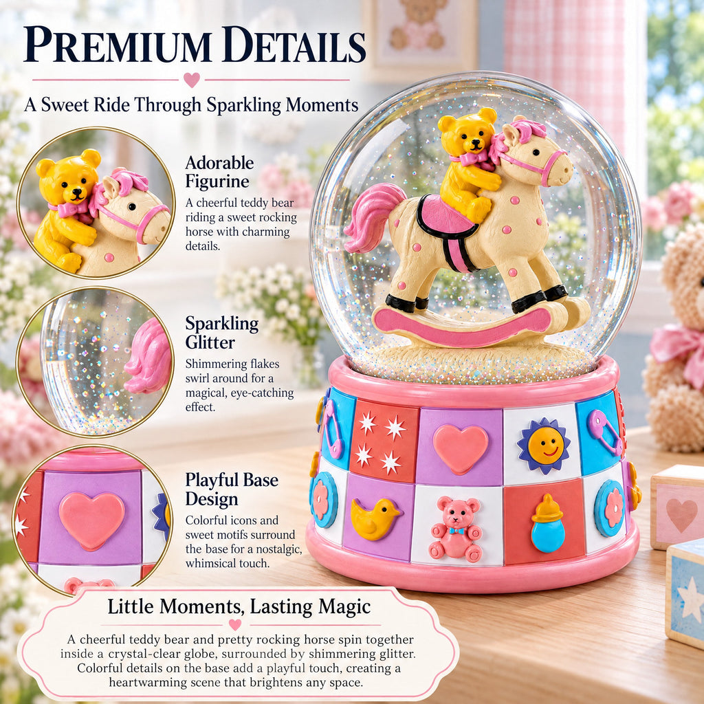 Teddy Bear Rocking Horse Musical Snow Globe - Nursery Decor 5.7 Inches