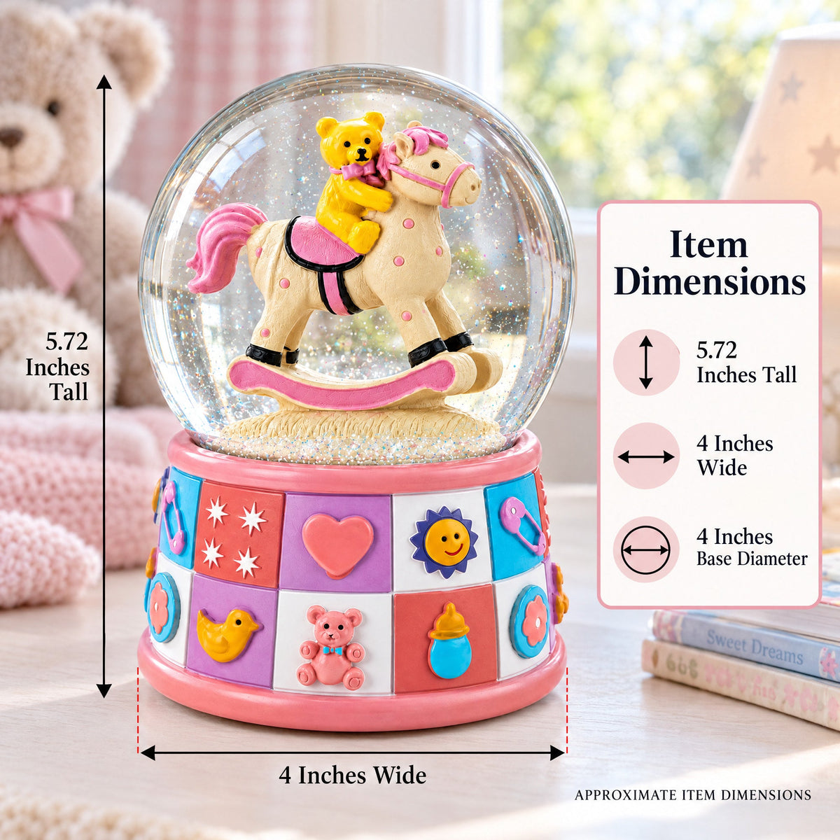 Teddy Bear Rocking Horse Musical Snow Globe - Nursery Decor 5.7 Inches