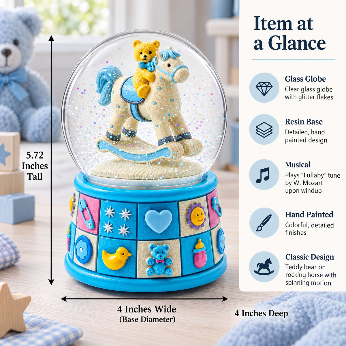 Teddy Bear on Rocking Horse Baby Boy Musical Water Snow Globe