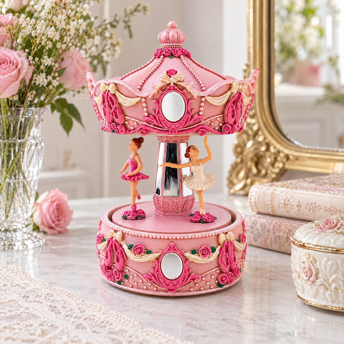 Pink Ballerina Carousel Rotating Musical Figurine