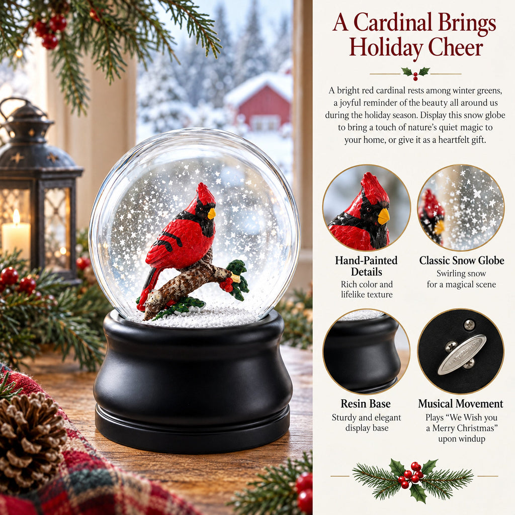 Red Cardinal on a Branch Musical Water Snow Globe